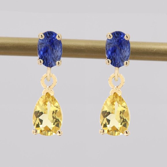 Cute Small Dangle Earrings 14k Yellow Gold Blue Sapphire and Yellow Citrine - Picture 1 of 9